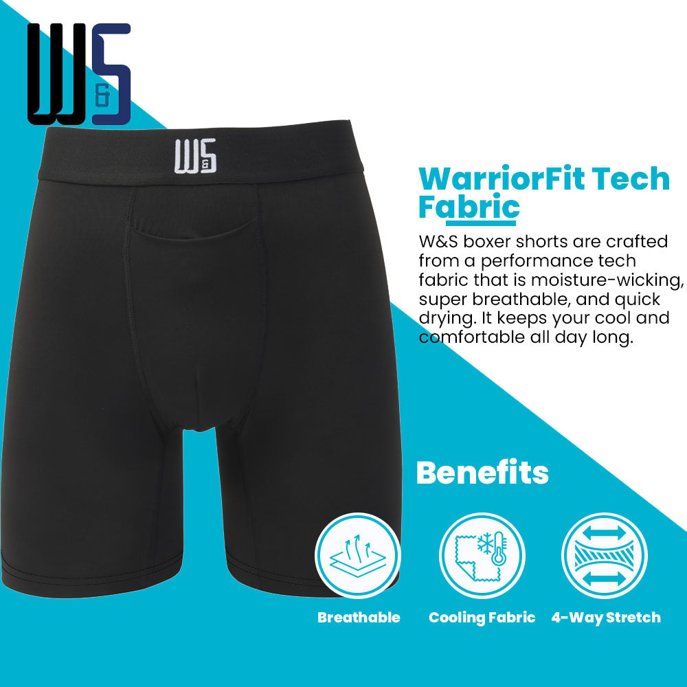 8" Inseam Boxer Brief 4 Pack - WarriorFit Moisture Wicking Fabric - W/Chafe Safe Pouch