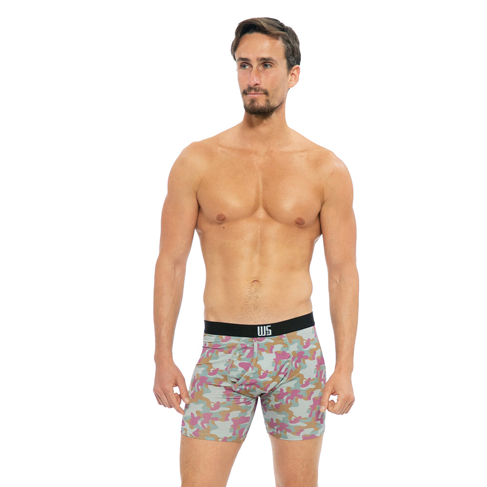 Camo purple and green boxer on model