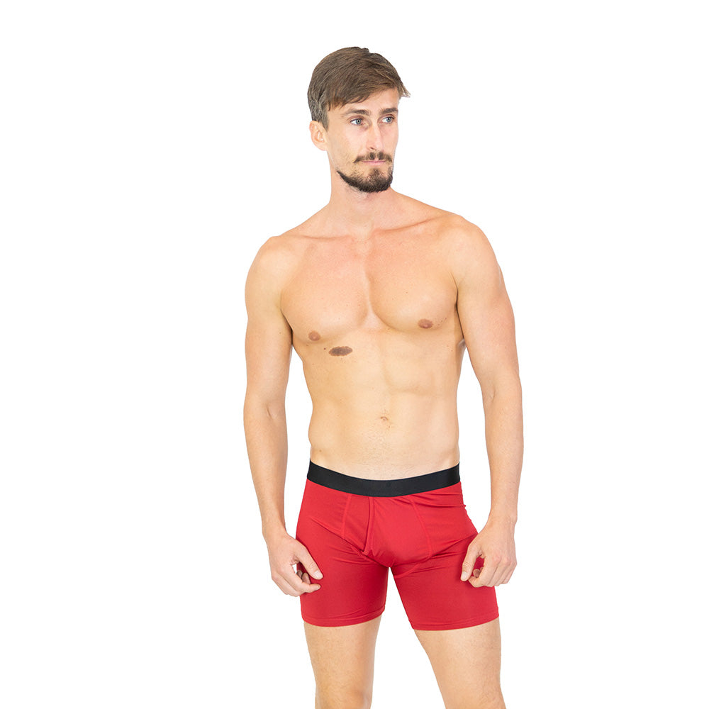 model wearing solid red boxer briefs